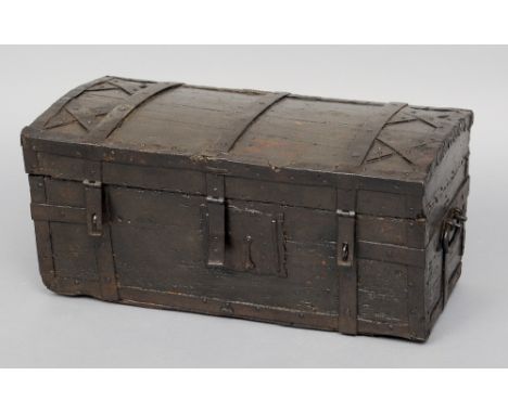 An early 18th century Scandinavian travelling trunk
The domed top with iron strapwork.  70.5 cm wide. CONDITION REPORTS: Some