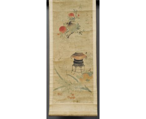 A 19th century Chinese scroll painting
Depicting an urn on stand amongst blossoming and fruiting foliage; together with four 