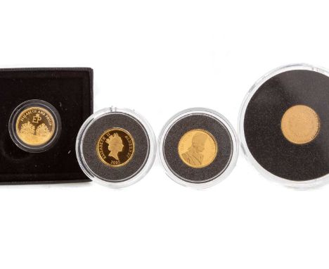 FOUR MINIATURE GOLD COINS,including gold proof quarter sovereign dated 2017, 2017 Elizabeth and Philip coin and two 2005 Lord