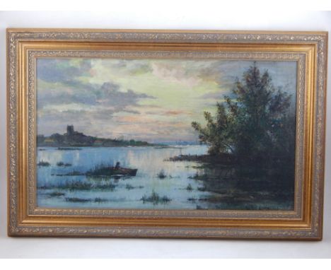 W. R. Laughlin (British b.1941), rowing boat on a river, oil on board, signed lower right, H. 21cm W. 50cm, together with thr