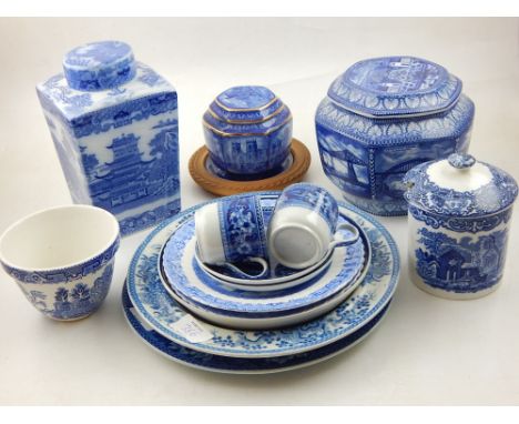 A late 19th / early 20th century Ringtons blue and white porcelain tea caddy, a Rington octagonal Maling ware jar and cover, 
