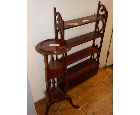 A reproduction mahogany wig stand, together with a four tier mahogany wall bracket. (2)