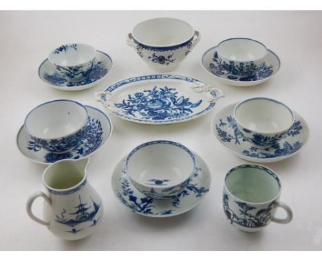 A collection of 18th century Worcester and Caughley porcelain, comprising five tea bowls and five saucers, sparrow beak cream