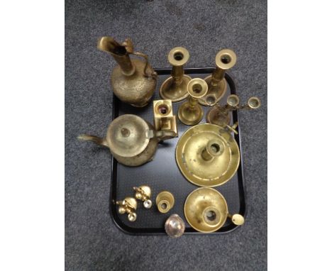 A box of antique and later brass - candlesticks, plated teapot, etc 