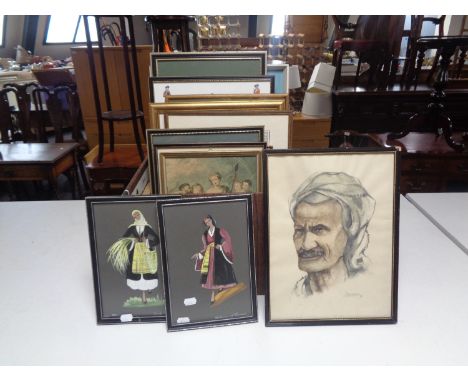 A box of assorted framed pictures and prints to include framed map of Wales, officers of the British Army, portrait study etc