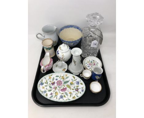 A tray containing crystal decanter, Aynsley lidded jar, Minton Haddon Hall trinket dish, antique sugar basin, miniature Royal