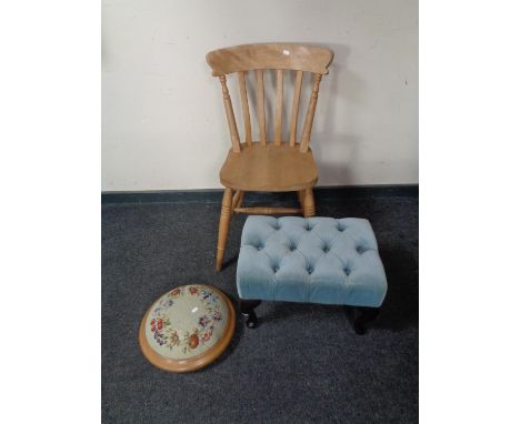A pine kitchen chair together with a blue dralon upholstered foot stool and a circular tapestry foot stool. 