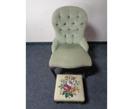 A Victorian style lady's chair upholstered in green dralon together with a tapestry footstool 