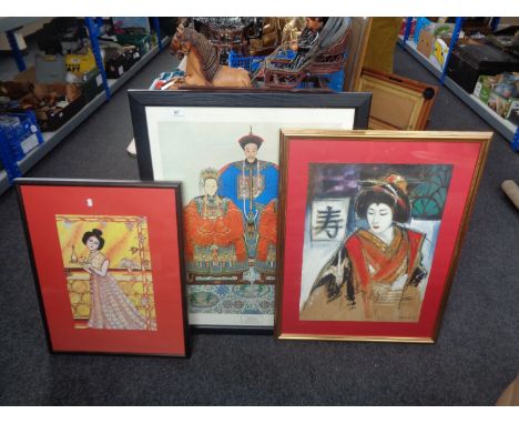 A framed print, Ancestor Portrait, together with two other framed Eastern pictures depicting geishas.   