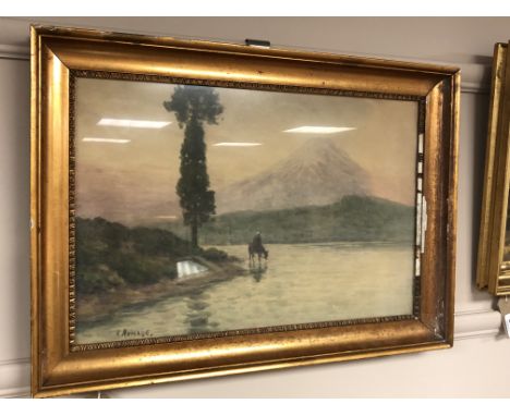 K. Numabe : A horse by a lake, 49 x 32 cm, watercolour, framed. 