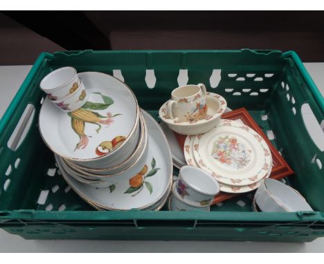 A box containing Royal Worcester Evesham china and Royal Doulton Bunnykins china.   