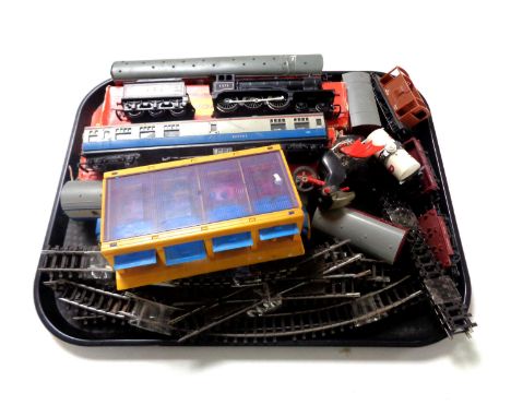 A tray containing boxed and unboxed Hornby rolling stock to include Engine 61572 with tender, coaches, wagons, track etc, tog