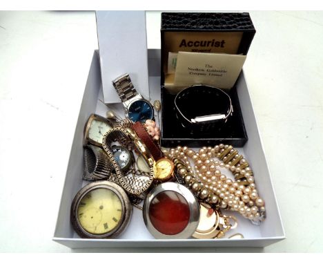 A box of assorted lady's and gent's watches to include Accurist, costume jewellery, pocket watch and cases, hat pins etc 
