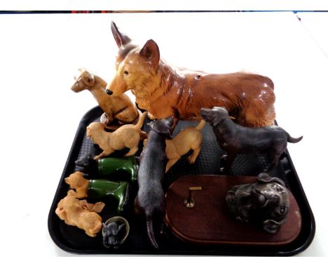 A tray containing a Melba Ware figure of a corgi together with a quantity of contemporary dog figures.  