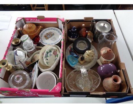 Two boxes of miscellaneous china and glass ware, brass candlestick etc 