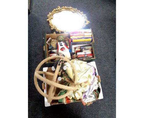 Two boxes of rope light fitting, material, chalk gilt framed mirror, books, ornaments etc 