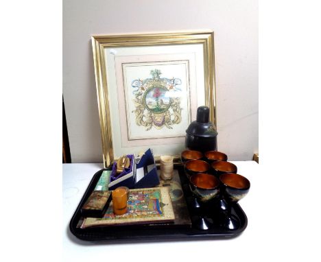 A tray of miscellany to include boxed Ronson Varaflame table lighter, treen boxes, Japanese style cocktail shaker with drinki