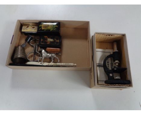 A box of treen snuff boxes, Merit student microscope, metal figure of a horse etc  