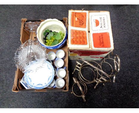 Two boxes of assorted glass ware, blue and white china to include Spode Italian mugs, planter, punch bowl and cups, glass com
