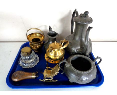 A tray containing antique and later metal wares to include a three piece pewter embossed tea service, miniature brass kettle 