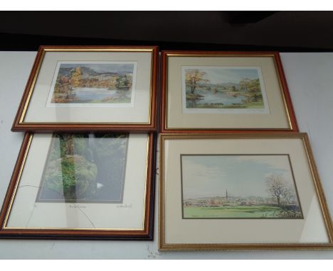 A framed R. M. Walters watercolour of Ticknall, together with two Judy Boyes signed prints and one other further signed photo