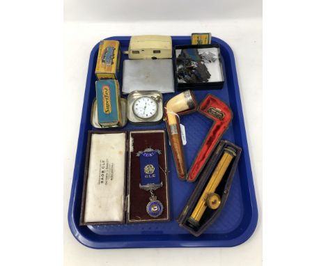 A tray of collectables to includes antique silver mounted pipe, silver plated pocket watch, Matchbox die cast cars, commemora