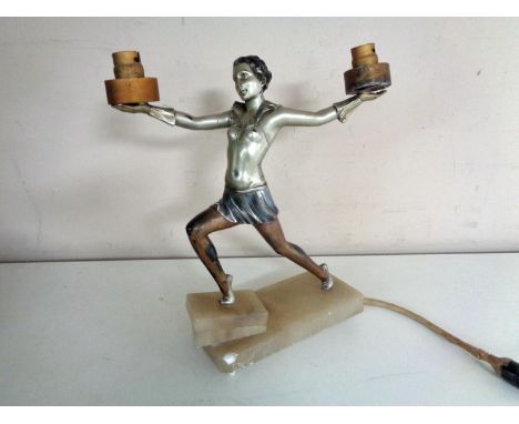 An Art Deco figural two-way table lamp of a lady in the manner of Josef Lorenzl, on a marble base 