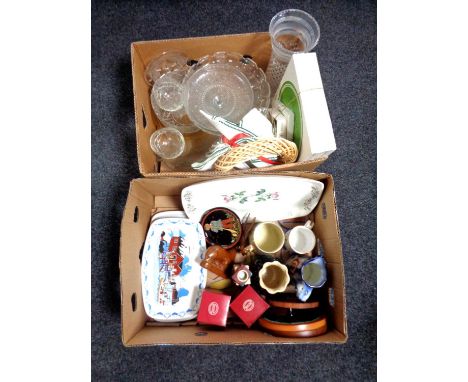 Two boxes of miscellaneous china and glass ware, place mats, teapot stands etc 