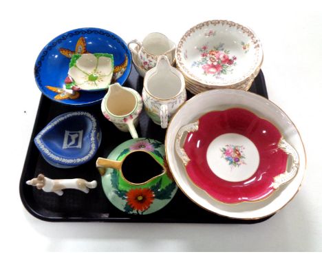 A tray containing assorted china to include Art Deco Carlton ware jug, Carlton ware dish, Nao figure of a dog, Staffordshire 