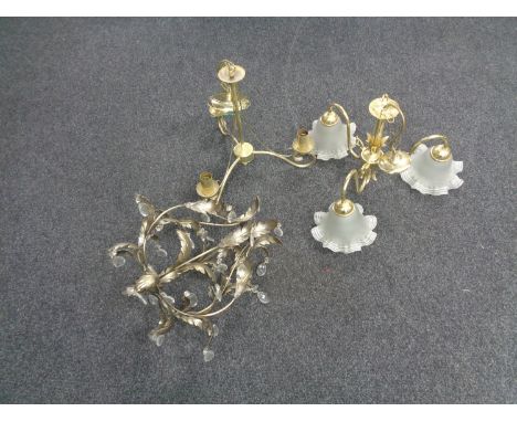 A brass three way light fitting with glass shades together with a further light fitting and light with glass drops (3)