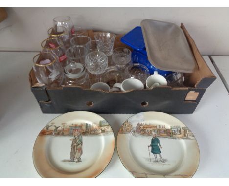 A box containing vintage kitchen scales, assorted drinking glasses, together with two Royal Doulton Dickens ware plates, Mr M