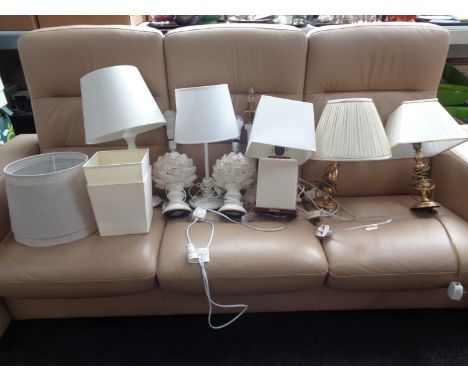 Nine assorted ceramic and brass table lamps with shades 