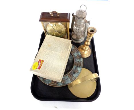 A tray of oil lamp, brass candlestick, cased cutlery, Metamec mantel clock 