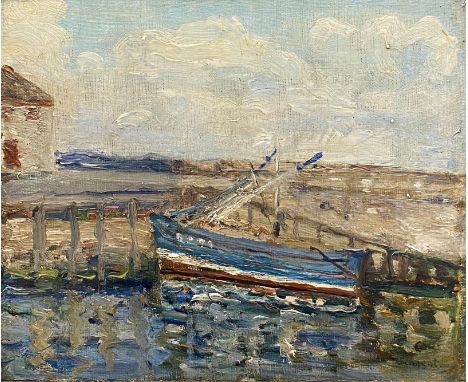 An impressionist style oil on canvas mounted on board, moored fishing boats, after Van Gogh, signed Vincent, in a gilt gesso 