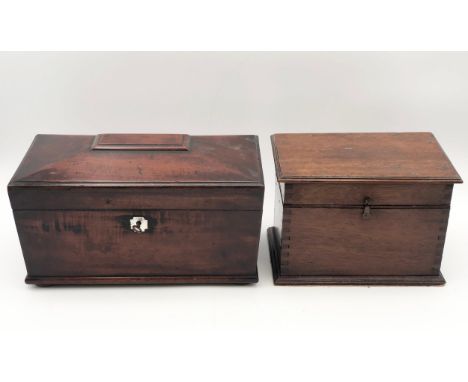 A Regency mahogany fitted tea caddy along with a 19th century oak box. H.18 W.30cm (largest).