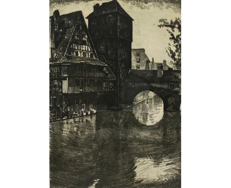 An indistinctly signed etching of a river and buildings in Nuremburg. Dated 1920 in plate, with notes to the reverse, in an o
