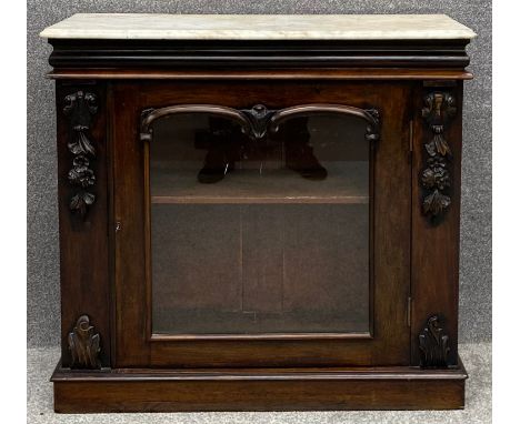 A 19th century rosewood chiffonier with a marble top above glazed panel door. H.87 W.94 D.36cm