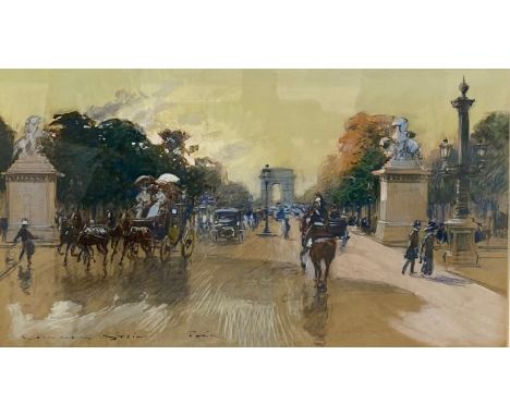 George Stein (1864-1917), a signed impressionist watercolour on paper, figures and carriages with the Arc de Triomphe in the 