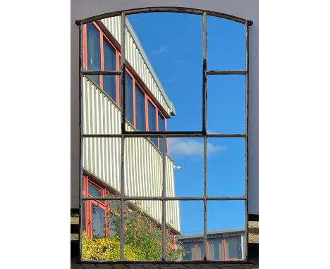 A large vintage iron framed industrial style window frame with panes fitted with mirror glass. H.183 W.128cm