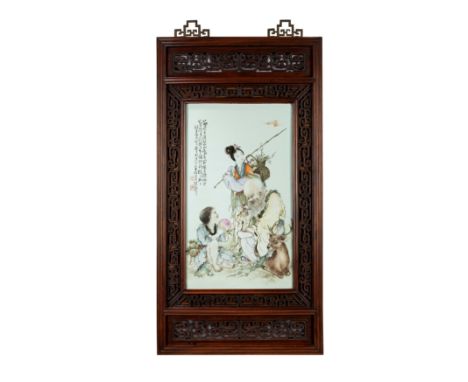 AN EXTREMELY RARE AND LARGE FAMILLE ROSE ‘LONGEVITY’ PORCELAIN PLAQUE, China, Republic Period, 1928h cm 73 x 42.5 excluding t