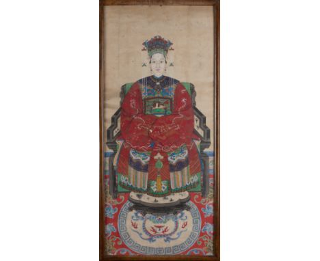 A PAINTING ON PAPER DEPICTING A LADY, China, 19th c.h cm 112 x l 50 (defects)宮廷仕女纸画，中国，十九世纪初 PROVENANCEFrom the estate of the