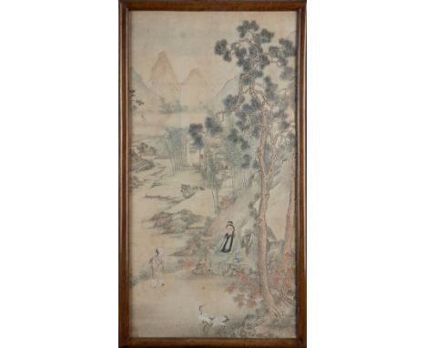 A Silk painting with lady and a boy, China, 19th c.h cm 84 x l cm 44,5繪有仕女及童子絲綢画，中国，十九世纪PROVENANCEFrom the estate of the sopr