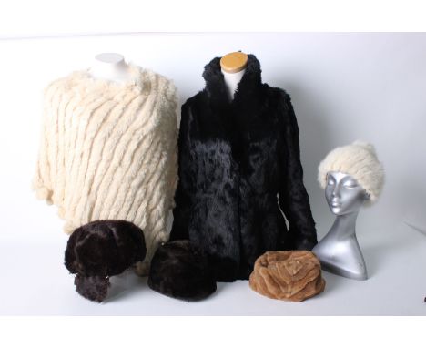 A white mink 1970s hat; a black coney fur jacket, a pale fur cape and three other vintage fur hats