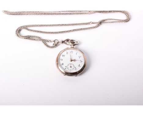 A silver open faced pocket watch with white 34mm face with Arabic markers and subsidiary second dial at 6 together with an un