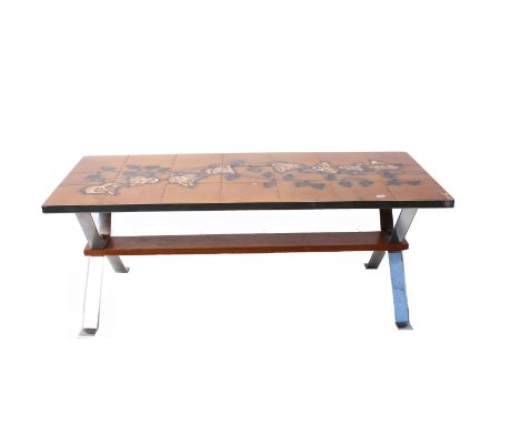 A vintage tile top table bearing signature 'Dori'