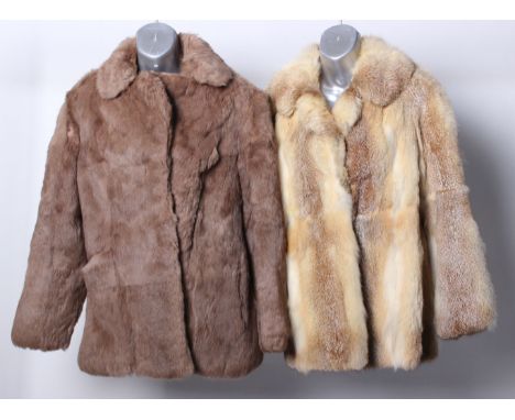 A vintage pony skin coat with fox fur collar; two vintage fur jackets, a sheared sheepskin coat and a pale coloured faux fur 