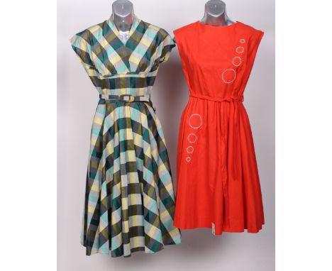 1950s Alice Edwards green and pink patterned party dress; a Walgar 1950s blue and lime green evening dress with flocked rose 
