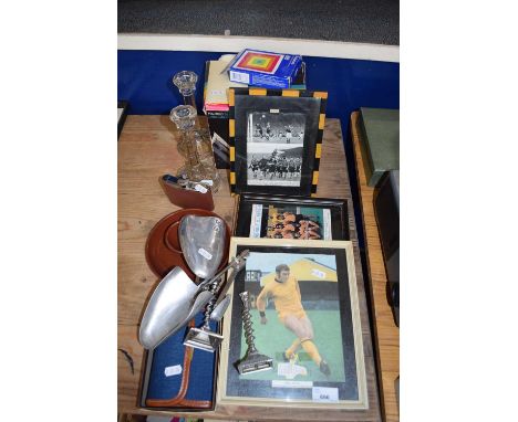 WOLVERHAMPTON WANDERERS FRAMED PHOTOGRAPH, PLUS CANDLESTICKS, SHOE STRETCHERS, POLAROID CAMERA ETC