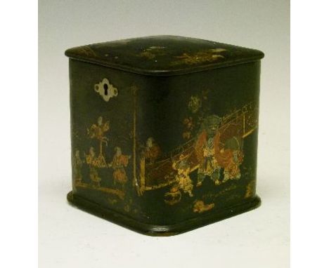 19th Century English papier-mâché square shaped tea caddy having transfer printed chinoiserie style decoration   Condition: 