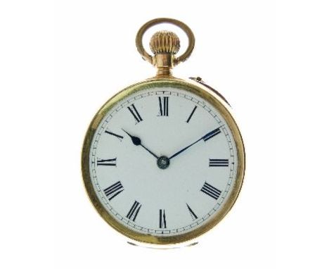 Lady's gold coloured metal cased top wind fob watch having a white enamel dial and Roman numerals, the case stamped 14k   Con
